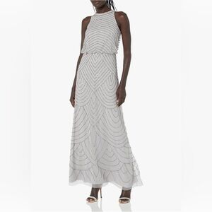 Adrianna Papell Women's Art Deco Beaded Blouson Dress with Halter Neckline, gray